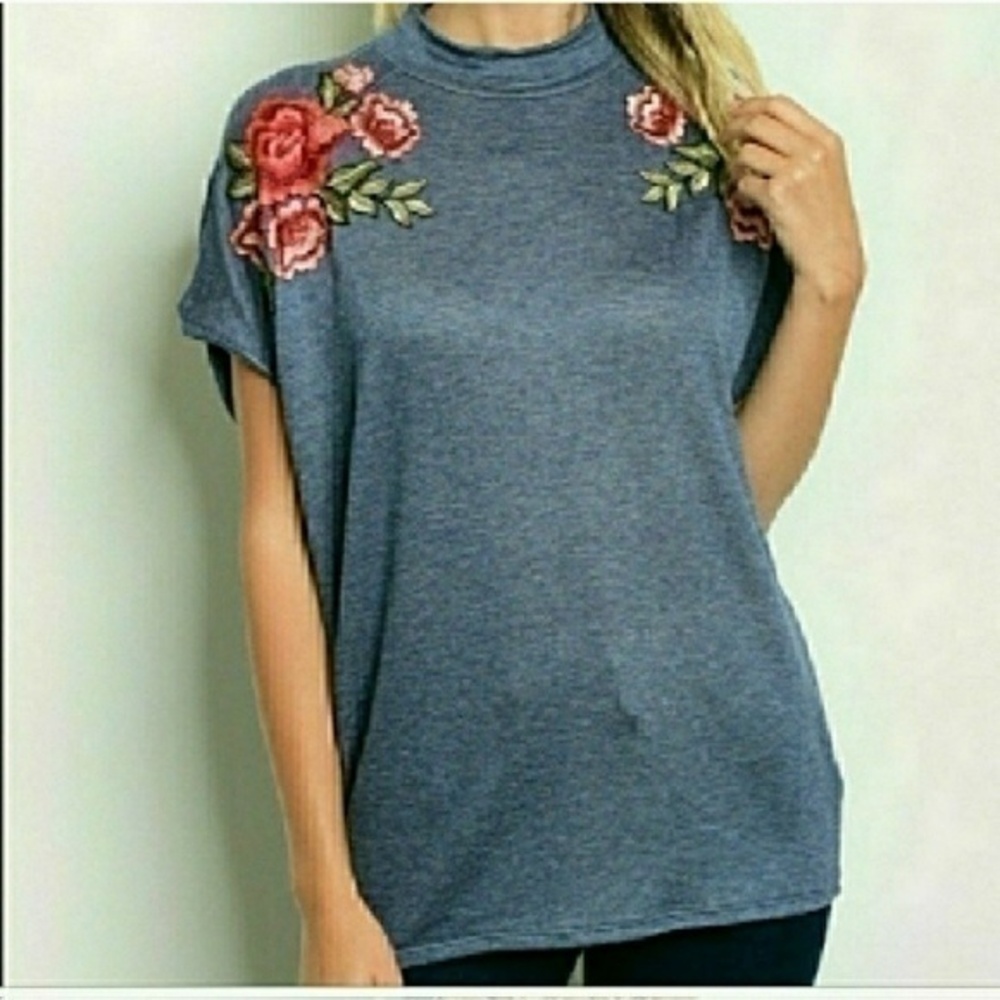 Sweet Claire embroidered roses high necklace shirt